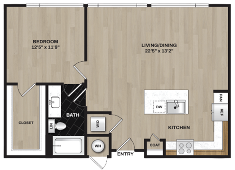 Floor plan for 1 bed, 1 bath, 852 sqft